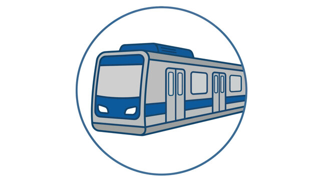 Commuter train illustration in circular frame.