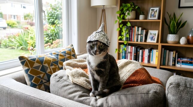 Domestic Cat Wearing Tin Foil Hat Sitting on Living Room Couch
