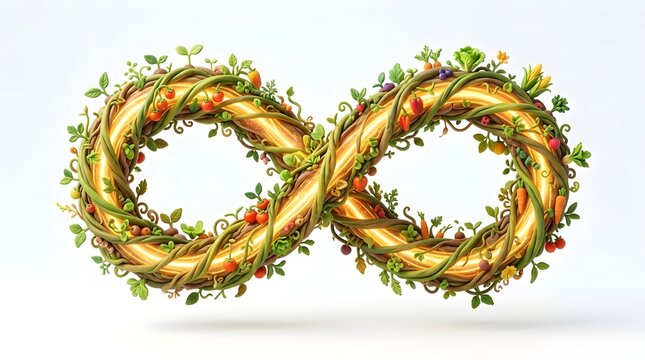 Golden infinity symbol wreath with autumn leaves and berries on white background