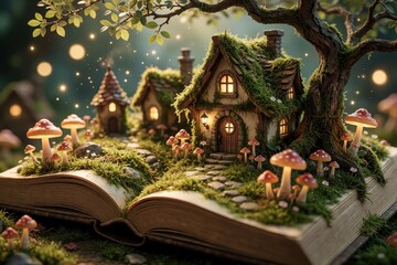 Fototapeta premium Fantasy forest village emerges from open book pages with glowing mushrooms and mossy elf houses. Tiny lights twinkle in a magical realm born from story. Enchanted landscape unfolds.