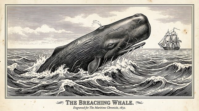 The Breaching Whale Illustration with Sailing Ship.