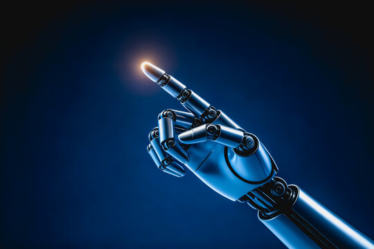 A metallic robotic hand extends its index finger pointing at a small glowing light against a dark blue background, showcasing advanced robotics technology.