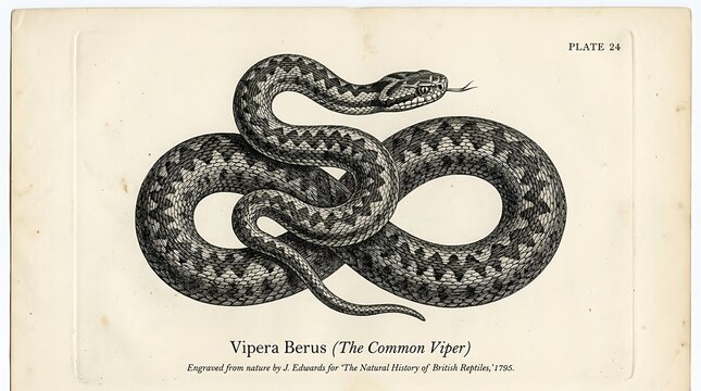 Vintage illustration of a common viper snake coiled on a white background.