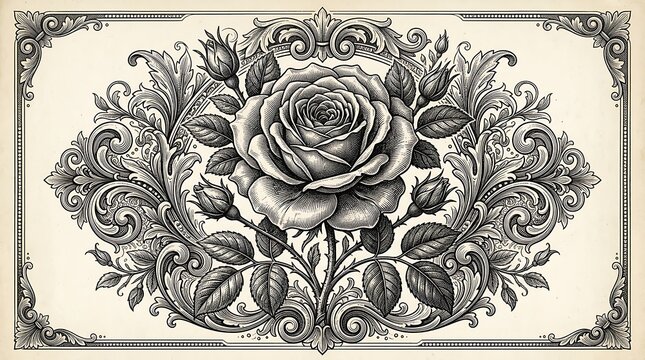 Vintage rose and ornate scrollwork illustration.