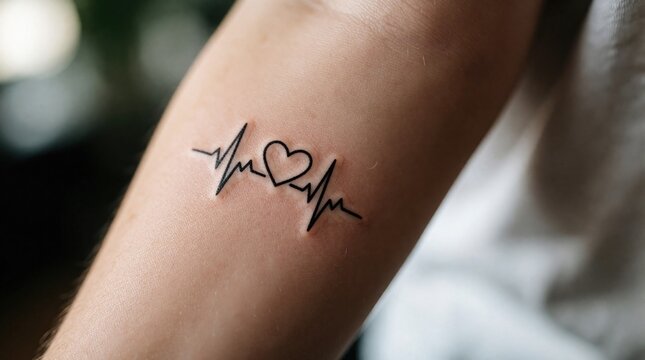Minimalist love tattoo on female arm. Simple black ink heart with heartbeat lifeline pulse line design. Small aesthetic line art on skin. Tiny cute symbol for romance, health passion on human body