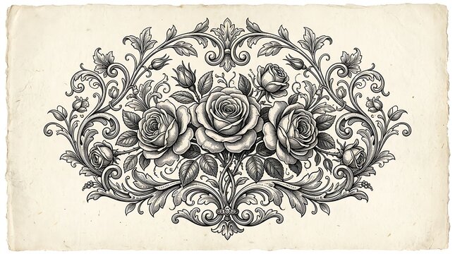 Vintage style floral illustration with roses and intricate ornamental filigree scrollwork on aged paper texture.