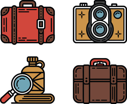 Vintage travel and adventure icon set featuring retro suitcases twin lens reflex camera magnifying glass and canteen isolated on white background