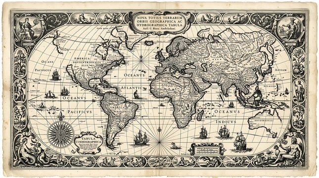 Antique World Map with Ships and Decorative Border.