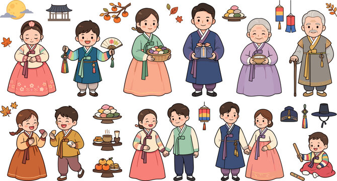 Cute Cartoon Korean Chuseok Family Character Vector Set with People in Traditional Hanbok Celebration Outfits holding Songpyeon Rice Cakes and Harvest Gifts
