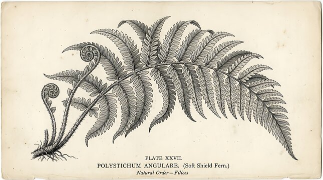 Vintage botanical illustration of a fern frond with unfurling fiddleheads.