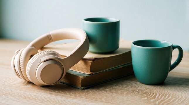 Beige wireless headphones rest on old books next to two teal mugs on wooden table. Minimalist still life setup for cozy morning routine. Student reader enjoys quiet time with music, hot drink in calm
