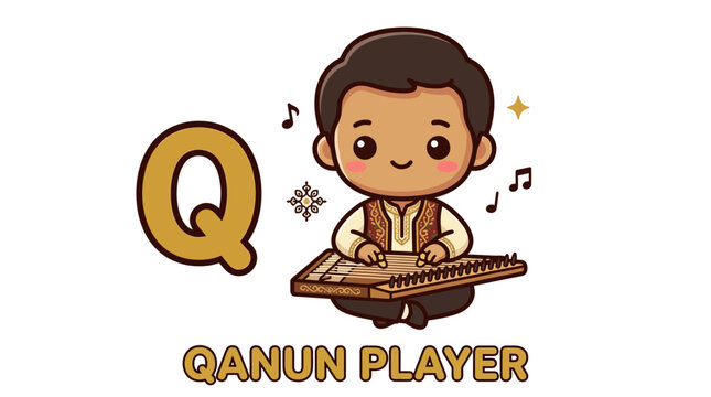 Cute cartoon boy playing traditional qanun for Q