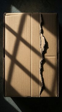 Top view of damaged cardboard box with sharp torn edge and window shadows