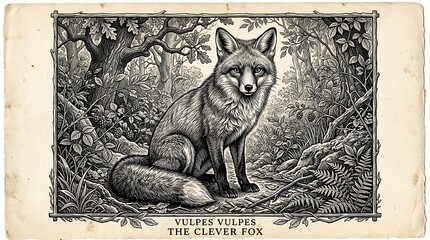 Fototapeta premium Vintage style engraving illustration of a clever red fox sitting in a forest.