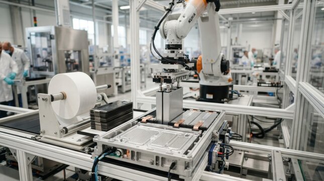 lithium ion battery module assembly with prismatic cells, separator film rolls, cooling plates, robotic grippers, and cathode sheets