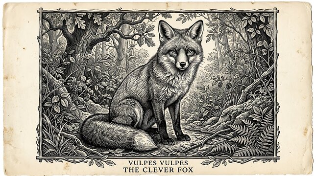 Vintage style engraving illustration of a clever red fox sitting in a forest.