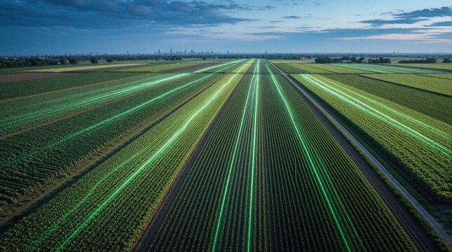 Aerial view of lush green farm fields with glowing digital data streams. Modern agriculture blends nature with tech. City skyline on horizon.