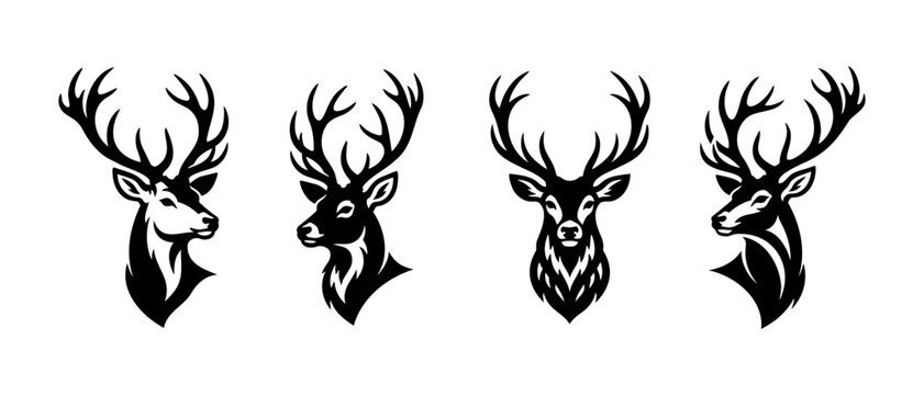 Wild Deer Head Silhouette Set For Hunting Mascot And Emblem Design