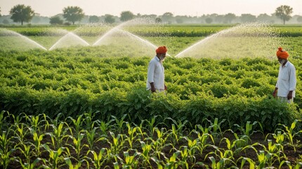 Naklejka premium Indian farmers irrigate green chickpea fields with sprinklers. Men in turbans work on farmland, crops grow under morning sun. Rural India farm landscape, farming life.