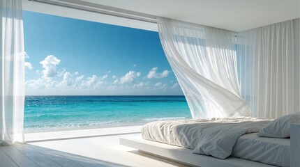 Fototapeta premium Minimalist beach bedroom with single bed and large window overlooking ocean. White curtains and wooden flooring enhance serene, sunlit vacation setting of this tranquil, ocean-view resort interior.