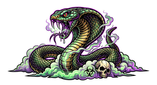 Fierce green cobra snake with glowing eyes and toxic smoke surrounding a human skull.