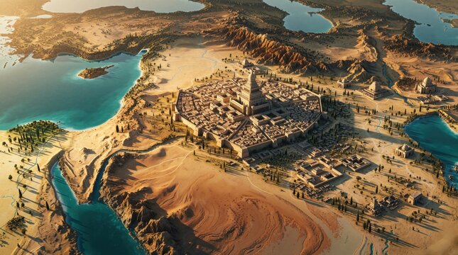 Aerial map of ancient Near East featuring Mesopotamian cities, Tigris, Euphrates rivers. Highlights Babylon, Susa, mountainous Zagros region. Historical trade routes, desert expanses, coastal