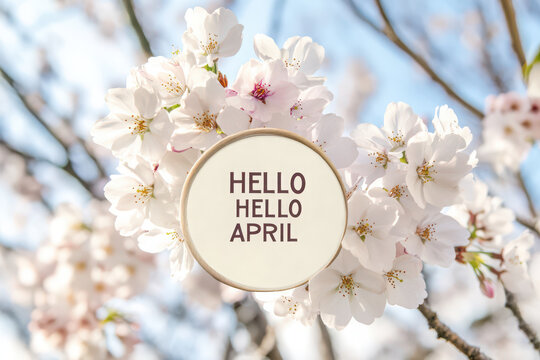 Hello april greeting card with cherry blossoms