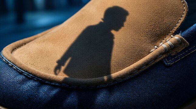 Tan Suede and Blue Denim Loafer with Human Silhouette Shadow