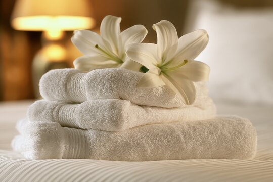 Clean white towels are stacked on a bed with fresh lily flowers. This peaceful scene represents a luxury hotel stay or spa wellness concept.