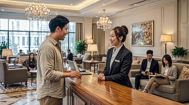 Asian male guest checking in at luxury hotel reception desk with smiling receptionist