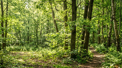 Obraz premium Lush Green Bamboo Forest Path in Morning Sunlight with Fresh Foliage and Natural Woodland Landscape for Peaceful Outdoor Background