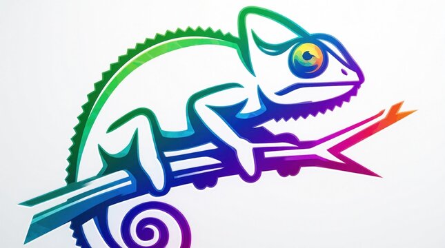 Colorful chameleon reptile sits on tree branch. Stylized lizard graphic with bright rainbow gradient colors on white background. Vibrant illustration of exotic tropical animal. Creative nature design