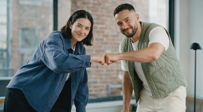 Generative AI, Two casual colleagues fist bumping and smiling in a loft office