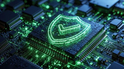Fototapeta premium Digital cyber security shield icon glows on computer microchip. Green neon light protects hardware processor from hacker attack. 3D tech illustration for data privacy, network safety, encryption,