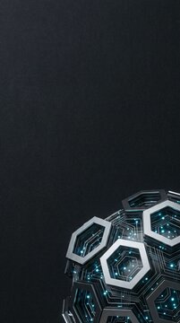 Vertical robotics technology background with mechanical hexagonal sphere and cyan circuit lights on black