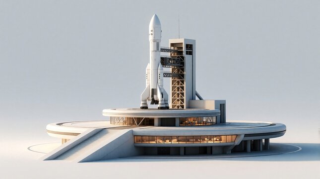 Minimalist white space rocket sits on modern launch pad. Futuristic aerospace facility features circular architecture, large glass windows. Concept design shows advanced engineering for space