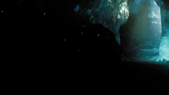 Inside a cave, small glowing lights appear among dark rocks. The cave walls show a blue hue while a person explores the area. The light creates a magical atmosphere in the cave.