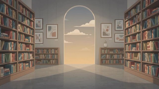 Dreamy library interior with an arched doorway opening to a serene sky with clouds, bathed in soft, ethereal light.