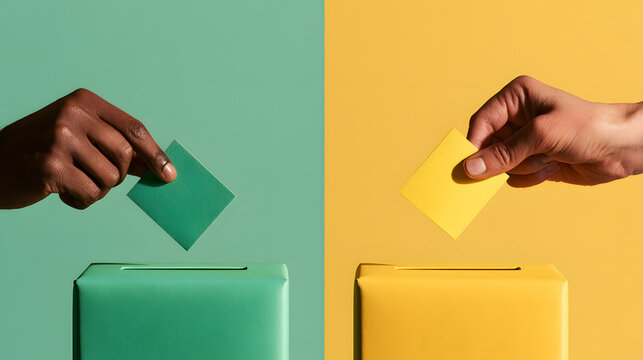 Two diverse hands casting ballots into distinct colored boxes, symbolizing civic participation, democratic choice, and unity in voting