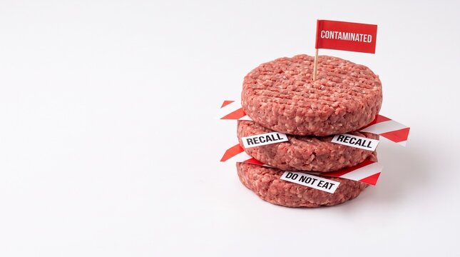 Stack of raw ground beef hamburger patties with red "contaminated," "recall," and "do not eat" warning tags and a flag isolated on white with text space