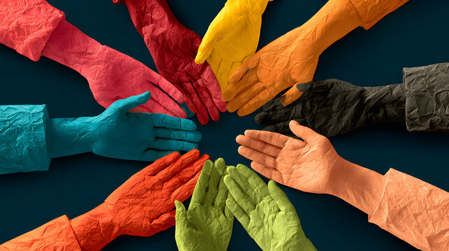 Multiple colorful, textured hands (in shades of red, blue, yellow, orange, green, and black) reaching toward the center against a dark background, symbolizing unity, collaboration, an