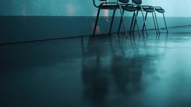 Chairs sit in a room with water covering the floor. Light from outside makes reflections in the water. The setting is simple and still, suggesting a moment of pause.