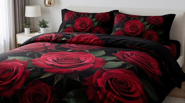 Luxury crimson floral bedding set with large red rose print on black fabric. Modern bedroom interior features comfortable bed with patterned pillows, duvet. Elegant home decor design for hotel