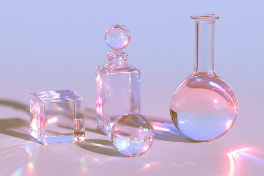 crystal vessels, bottles on dreamy pink and blue background