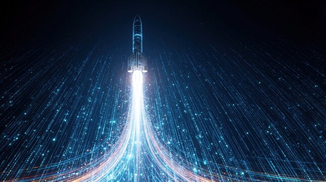 Digital rocket takes off vertically with glowing light trails. Blue tech background with data lines, particles. Symbol of startup launch, business growth, innovation, future tech advancement. Concept