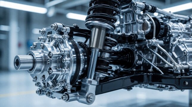 Close up of car suspension, drivetrain system. Metal mechanical parts show complex auto engineering, chassis assembly. Advanced vehicle components include shock absorber, axle, gear parts in modern