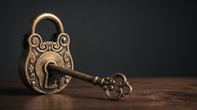 Antique brass lock with key no longer fitting mechanism properly, antibiotic resistance and treatment failure concept art horizontal with copy space