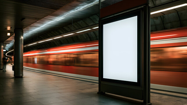 Blank billboard for advertising in a subway station with moving trains motions background