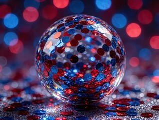 Naklejka premium Glass sphere filled with red and blue confetti rests on sparkling surface. Out of focus red and blue lights create festive bokeh background. Celebrate event joy