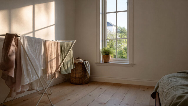 Linen drying on a folding rack in a Nordic bedroom - house cleaning - copy space